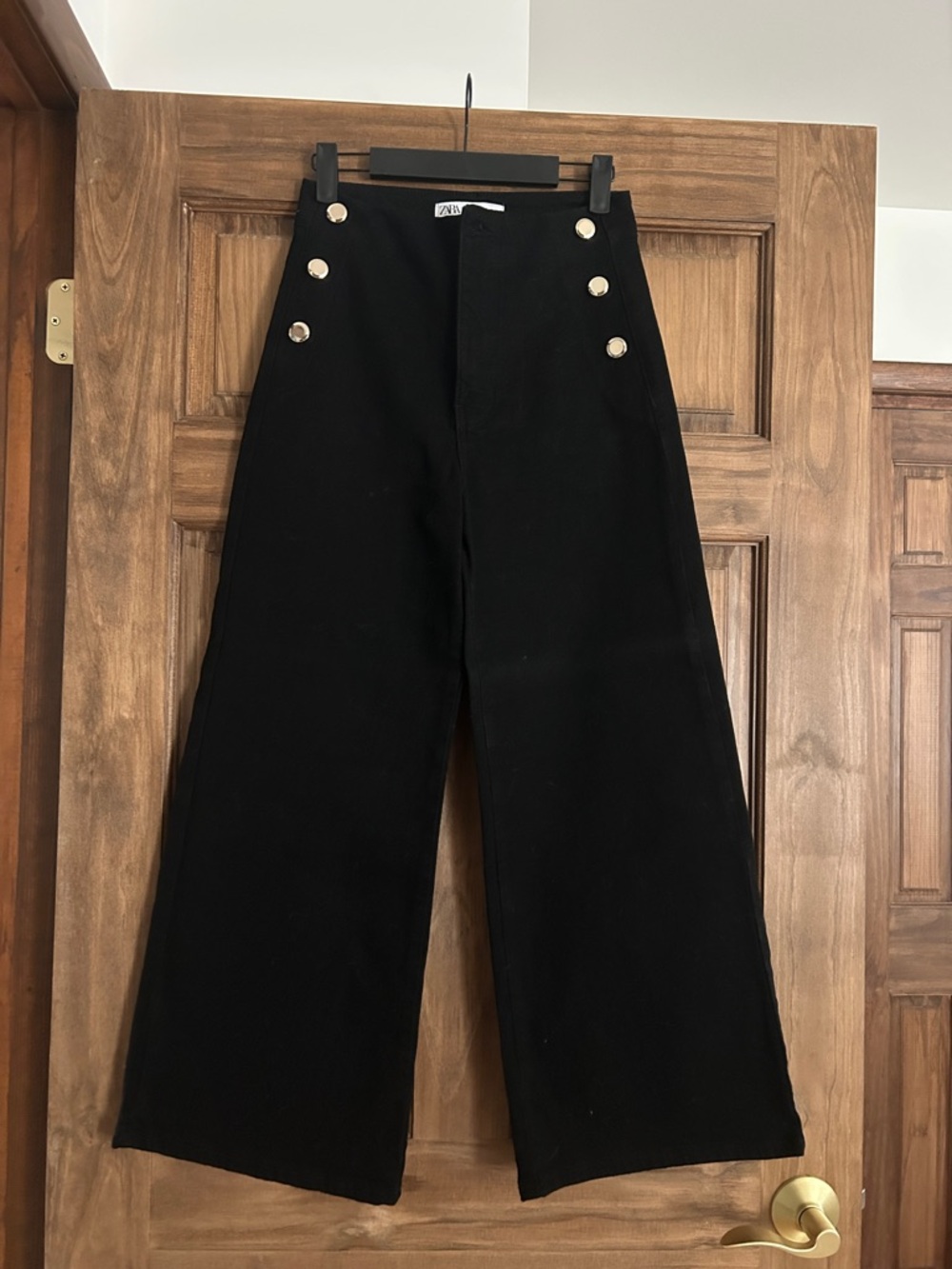 Zara Black Wide Leg Sailor Pants with Gold Buttons